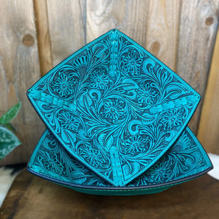 Turquoise Tooled Leather Decorative Bowl