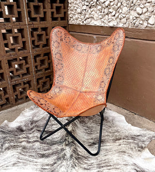 Tan Tooled Leather Butterfly Chair