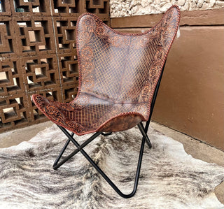 Brown Tooled Leather Butterfly Chair