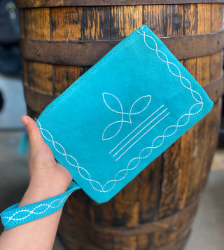 Turquoise BootStitch Suede Leather Wristlet