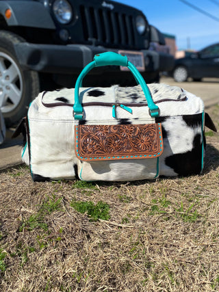 Turquoise Cowhide Tooled Leather Duffle Bag