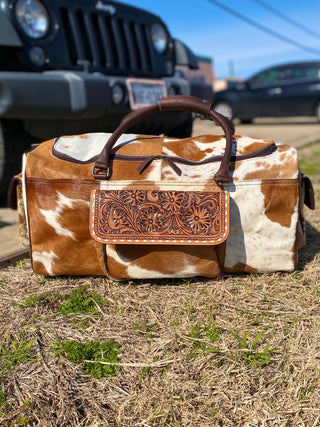 Brown Cowhide Tooled Leather Duffle Bag