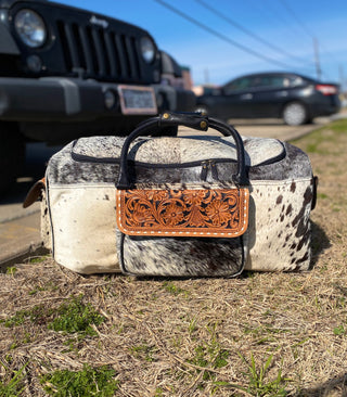 Black Cowhide Tooled Leather Duffle Bag