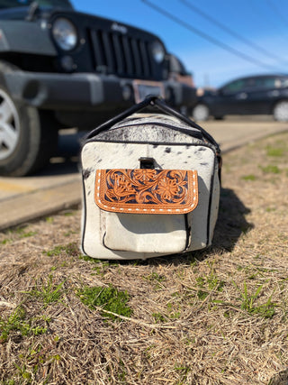 Black Cowhide Tooled Leather Duffle Bag