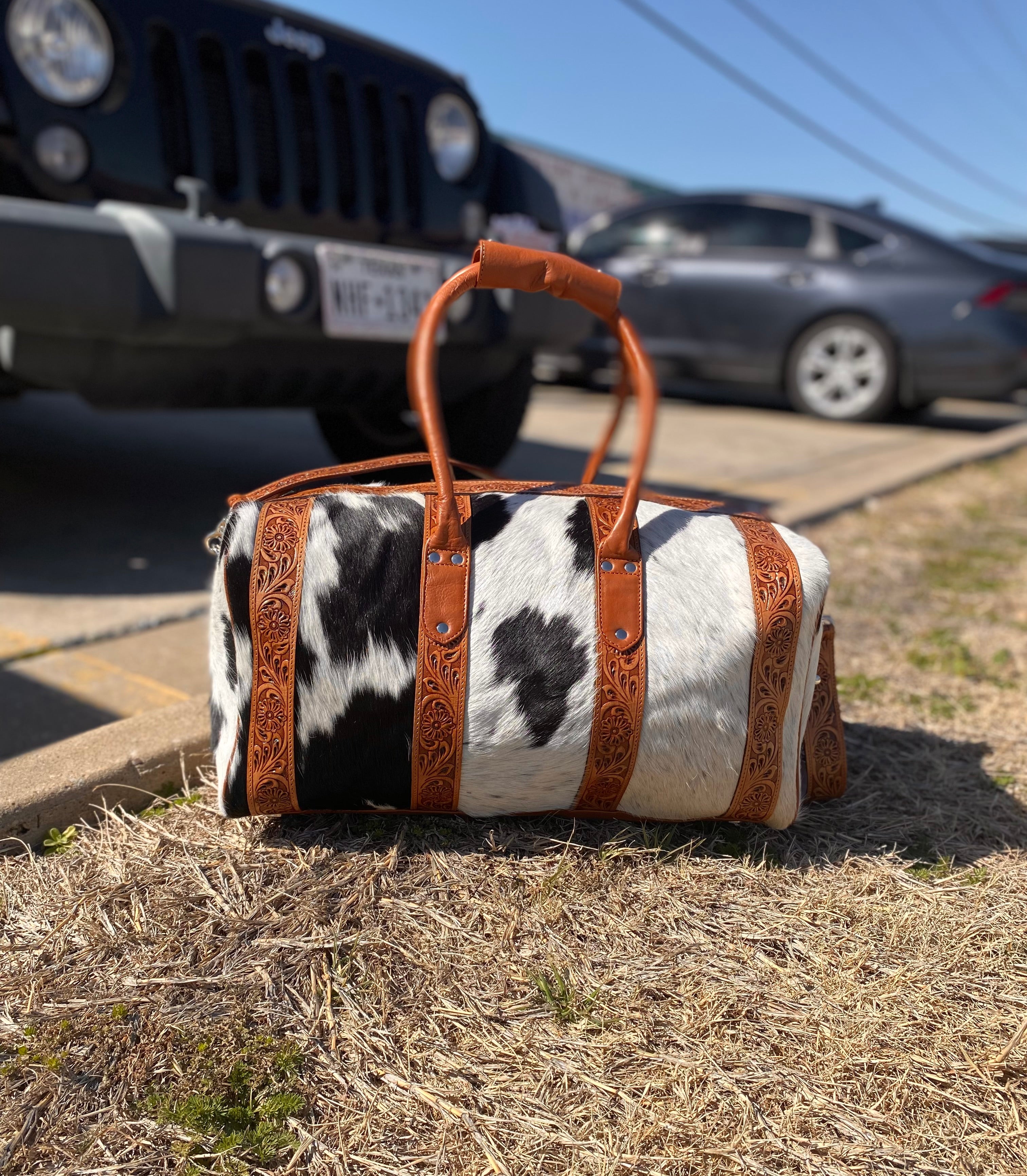Cowhide Duffle Bag with Hand Tooling – Western Linens
