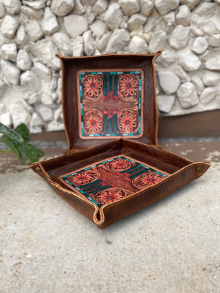 Cactus Tooled Leather Decorative Mini Leather Trays