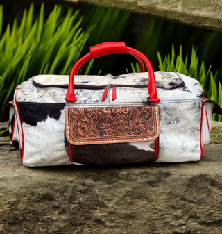 Red Cowhide Tooled Leather Duffle Bag