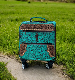 Mini Turquoise Rolling Carry Luggage Tooled Leather