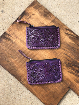 Violet Floral Cowhide Leather Coin Pouch