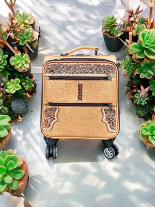 Mini Tan Rolling Carry Luggage Tooled Leather