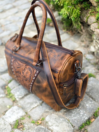 Rustic Tooled Leather Mini Duffle Bag