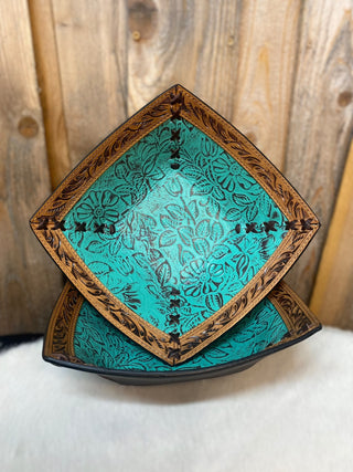 Turquoise Embossed Leather Decorative Bowl