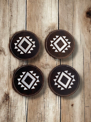 Aztec Tooled Leather Coasters - 4pc 