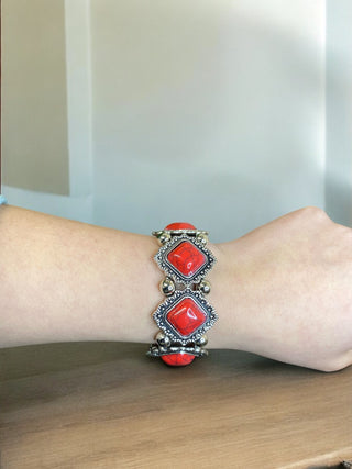 Western Red Southwest Aztec Silver Bracelet