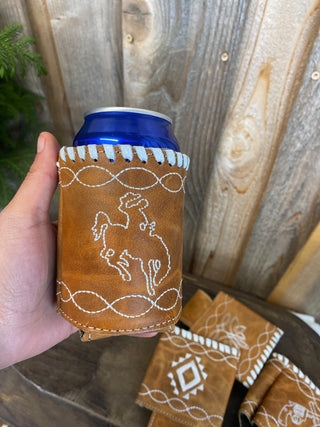 Tan Bucking Horse Leather Koozie