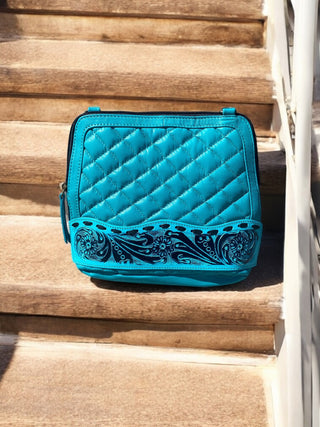 Turquoise Genuine Tooled Leather Crossbody