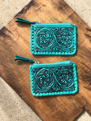 Turquoise Floral Cowhide Leather Coin Pouch