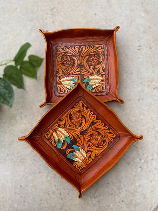 Feathers Tooled Leather Decorative Mini Leather Trays