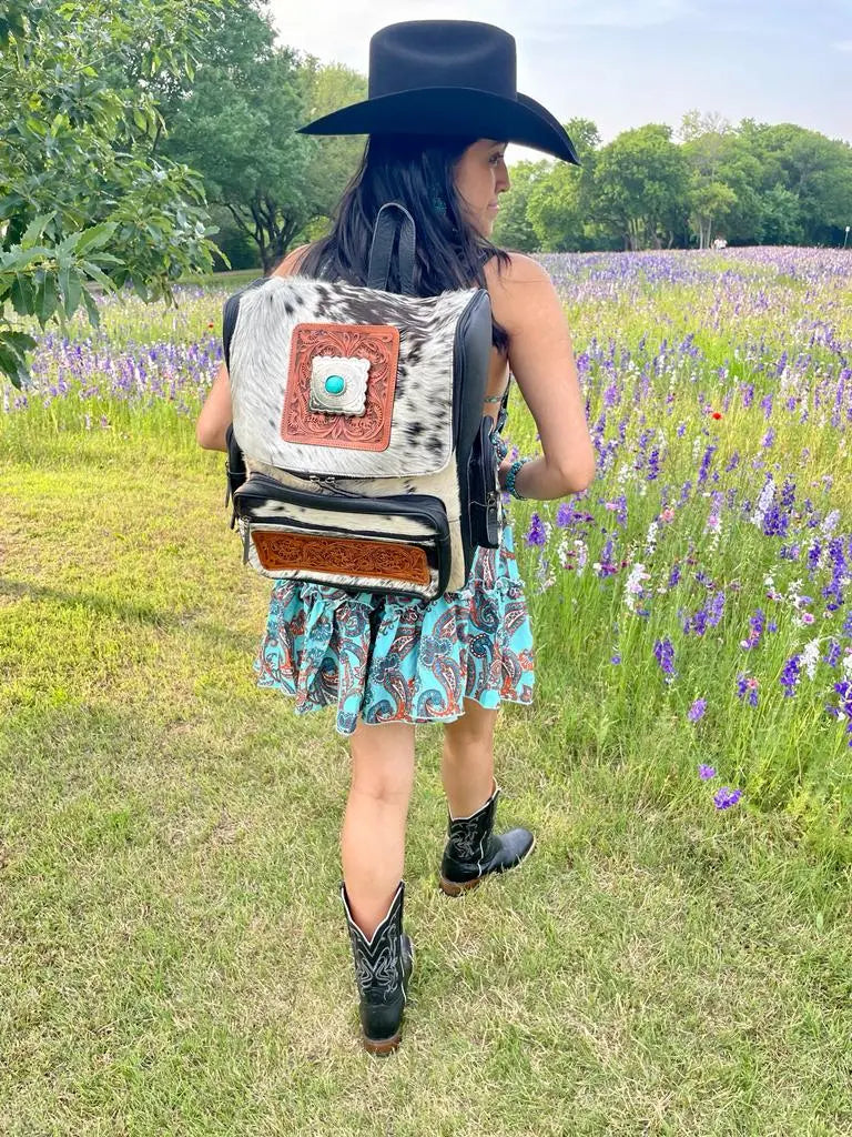 Conchos & Turquoise Cowhide Backpack