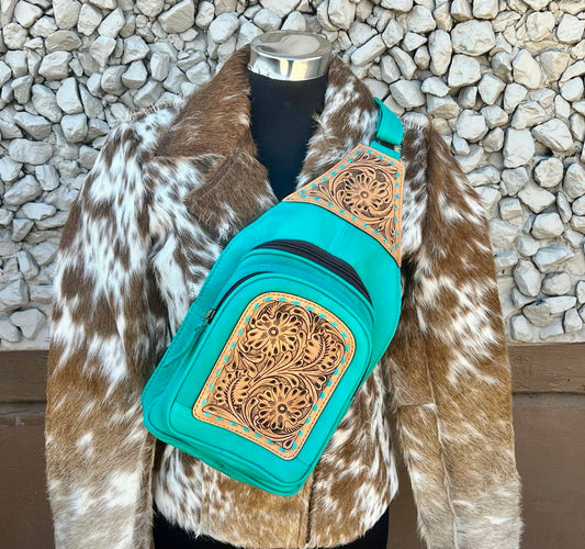Turquoise leather tooled Sling Bag/ Bum Bag
