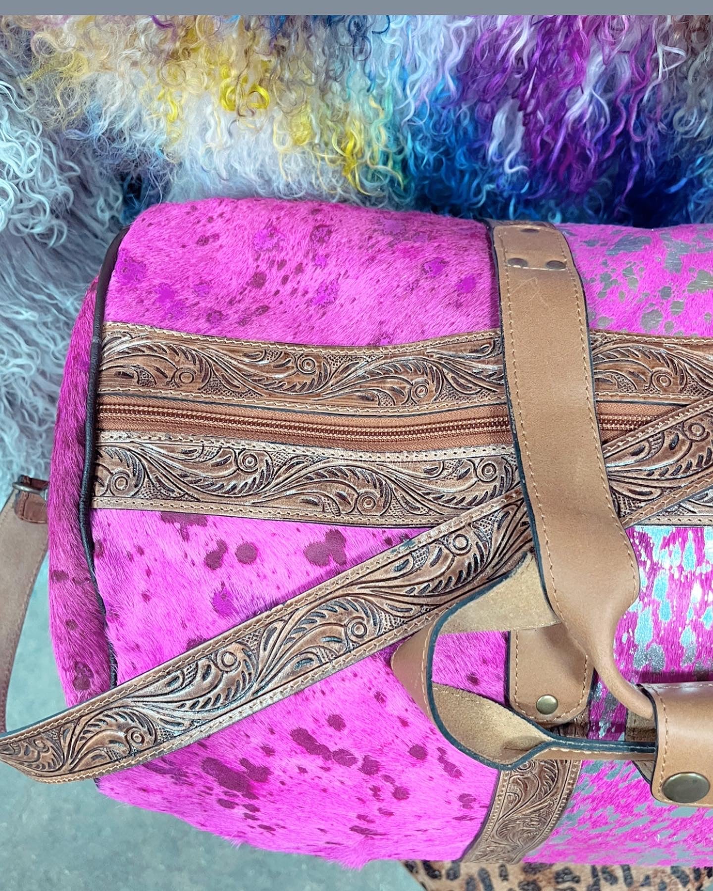 Pink Distressed Cowhide Duffle Bag