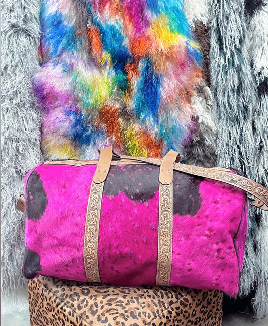 Pink Vintage Distressed Cowhide Duffle Bag