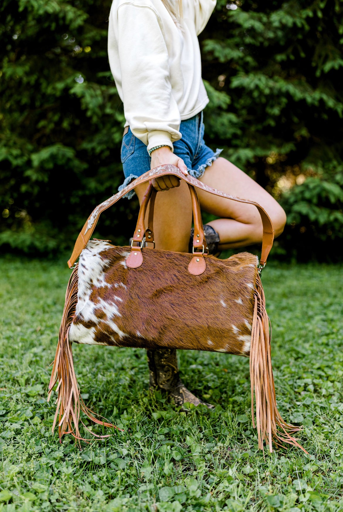 Cowhide duffle store bag