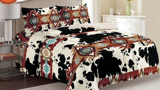 Navajo Cow 3Pc sherpa  borrego Bed Set