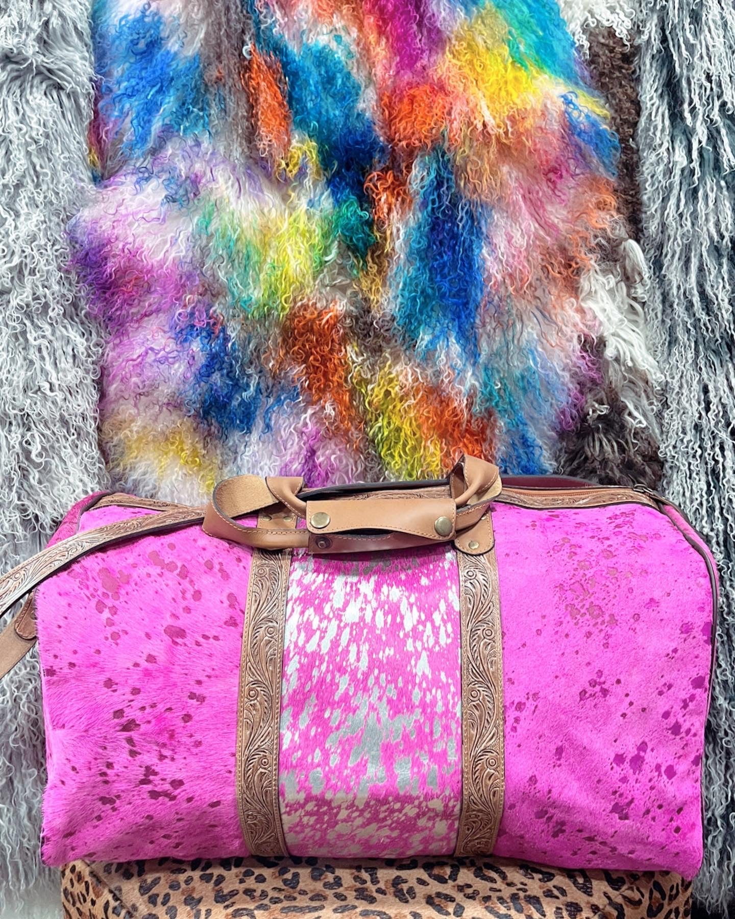 Pink Distressed Cowhide Duffle Bag