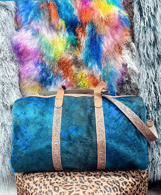 Blue Vintage Distressed Cowhide Duffle Bag