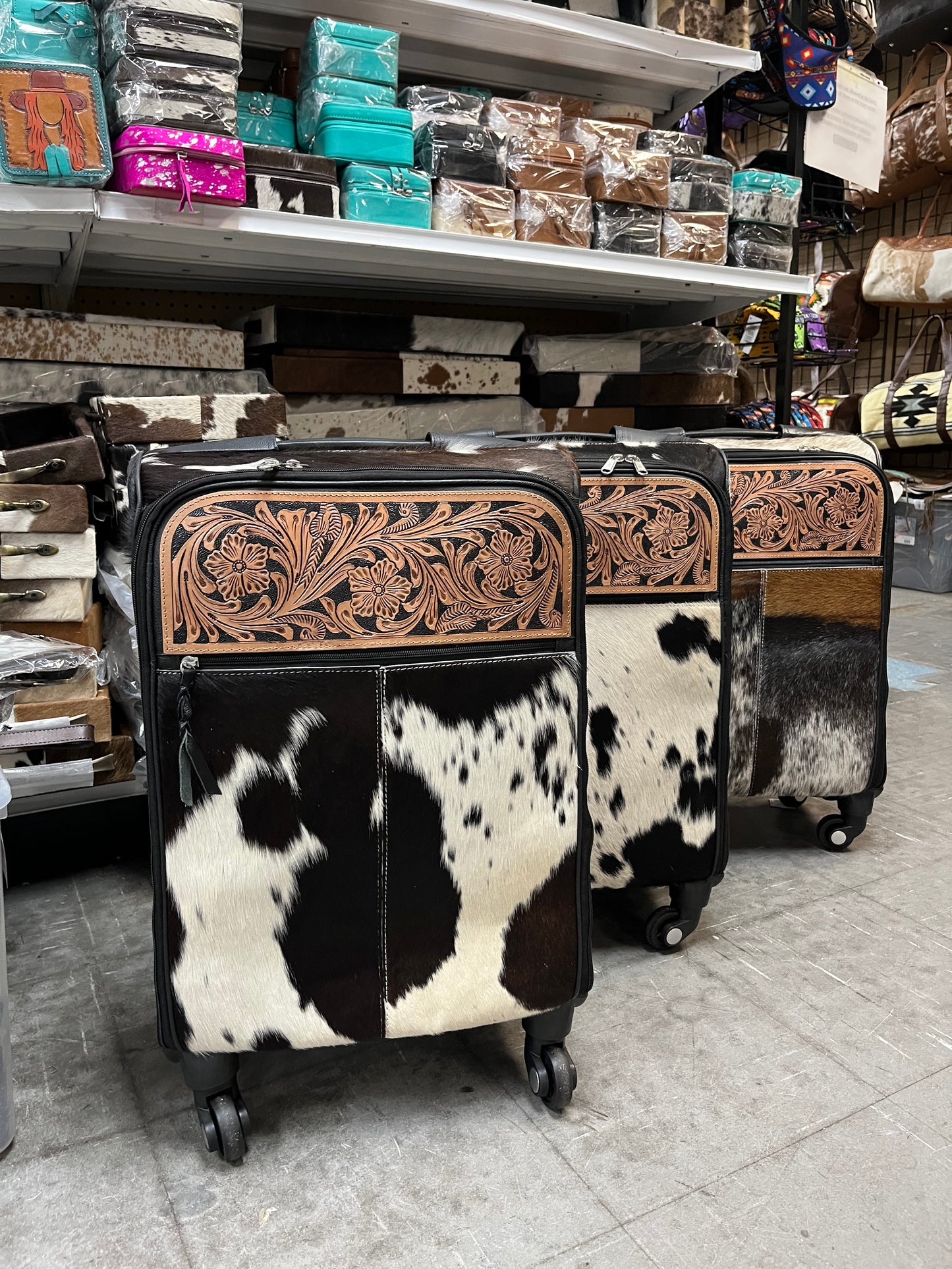 Tooled leather cowhide luggage